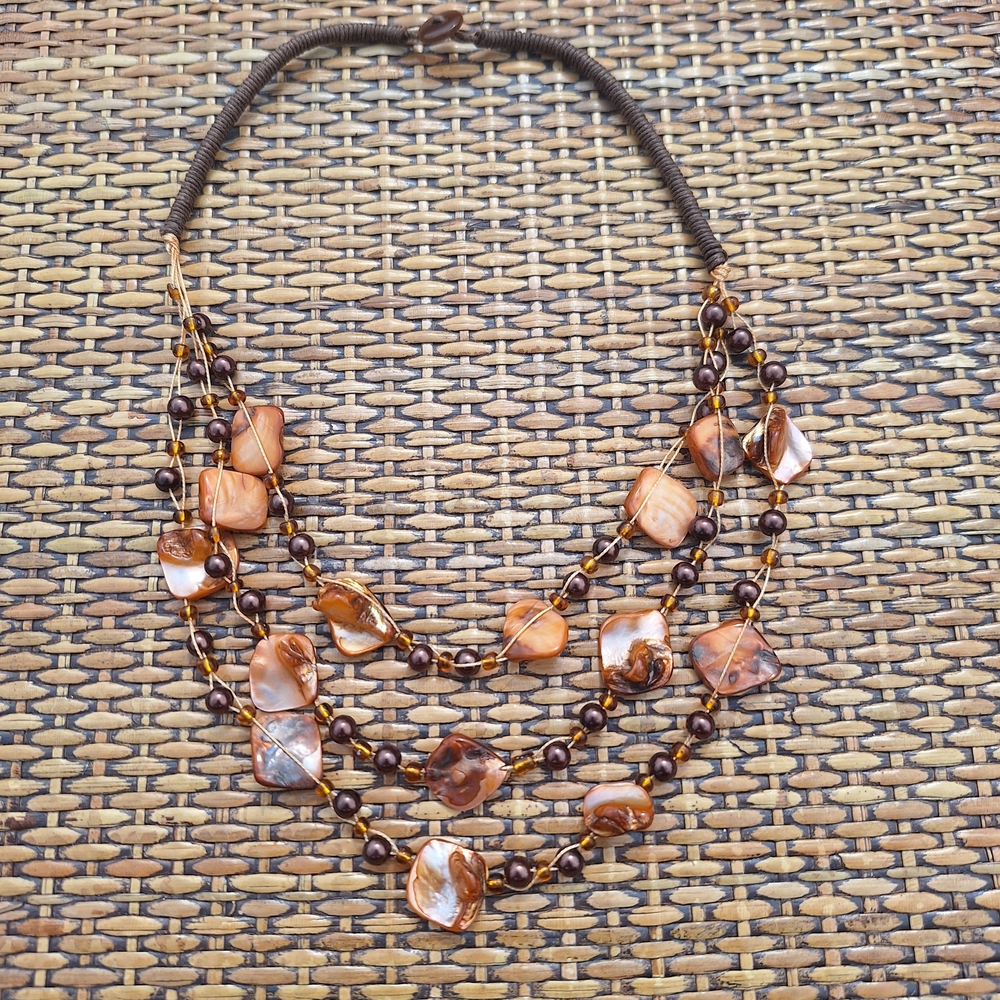 Iridescent Shell Statement Necklace Coastal Boho-Chic Amber Tones Multi- Strand